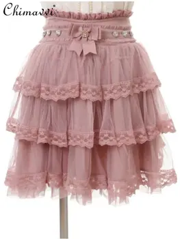 Юбка с японским бантом, студенческая одежда 2023, Летняя Новая Милая Розовая юбка из ламинированного тюля, женская мини-юбка, женская одежда