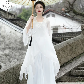 Летнее платье YOSIMI 2023 из двух частей, Макси Белые шифоновые платья с длинным рукавом, Свободный женский костюм, Сказочное длинное женское платье