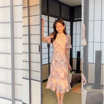 Женский Чонсам в китайском стиле С элегантным цветочным принтом Сексуальное платье Винтажное С коротким рукавом Qipao Vestidos Sweet Girl Banquet Qi Pao