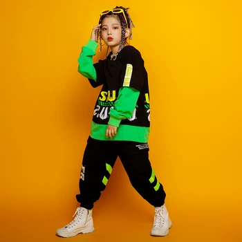 Детская танцевальная одежда в стиле хип-хоп, свитер с капюшоном, зеленые топы с пайетками, одежда для занятий джазовыми уличными танцами, сценический костюм в стиле хип-хоп BL5230
