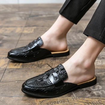 Летние тапочки из крокодиловой кожи в английском стиле Wen Bao head half tow Индивидуальность Уличная обувь Мужская обувь Muller Модная обувь для ходьбы