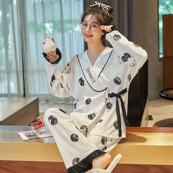 СУО И ЧАО 2023 новая пижама женская хлопчатобумажная с длинным рукавом корейская версия милого мультяшного домашнего костюма-кимоно