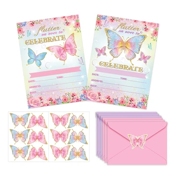 10 шт./лот, цветные поздравительные открытки с бабочками, конверты, приглашения с мультяшными бабочками для вечеринки по случаю Дня рождения.