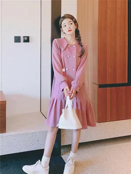 2023 Весеннее Новое Розовое Платье в Корейском Стиле с Длинным Рукавом для Женщин, Элегантное Модное Милое Плиссированное Платье Средней длины для Девочек, 8857