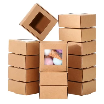 50 штук Мини-коробка из крафт-бумаги с окошком Подарочная упаковочная коробка для домашнего мыла, кондитерских конфет (коричневого цвета)