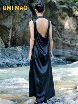 УМИ МАО, Темное атласное платье с открытой спиной, Элегантное женское летнее платье в китайском стиле, улучшенная юбка-чонсам в стиле ретро