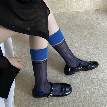 Женские летние Тонкие дышащие стеклянные шелковые носки в тонкую прозрачную полоску, дизайн средней трубки и креативная цветовая блокировка Sox