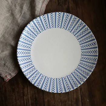 Керамические 10-дюймовые тарелки неправильной круглой формы, большие блюда с синей полосой, посуда под глазурью, Скандинавский Фарфоровый контейнер для стейков