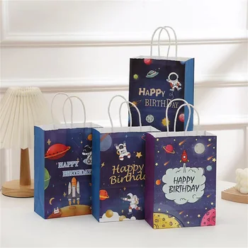 Подарочные пакеты Firmament 4шт Blue Boys Astronaut Бумажные Подарочные пакеты для детей С Днем Рождения, Принадлежности для украшения вечеринки, Подарочный пакет на День рождения
