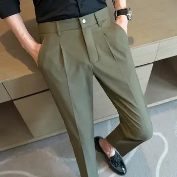 Летние Новые Однотонные Костюмные брюки в британском стиле, мужские Официальные Облегающие Деловые Эластичные Повседневные брюки, высококачественные брюки для светской жизни