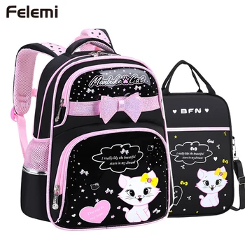 Милые детские школьные сумки для девочек, ортопедический рюкзак для учащихся начальной школы, школьный рюкзак с мультяшным котом и пеналом