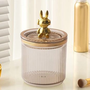 Милый кролик, Хлопчатобумажный Круглый держатель для тампонов, Прозрачная Пластиковая коробка для ватных тампонов, Многофункциональный диспенсер для организации канистры в ванной комнате