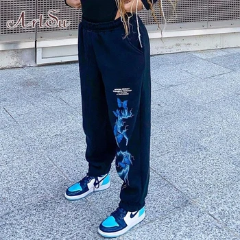 ArtSu Черные повседневные брюки Длинные Брюки Женская уличная одежда в стиле панк с принтом Бабочки Harajuku Эластичные брюки с высокой талией Низы