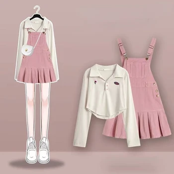 Весенне-летнее женское платье на бретельках из розового денима в стиле колледжа 2023, абсолютно красивая маленькая юбка, костюм-двойка Y2K