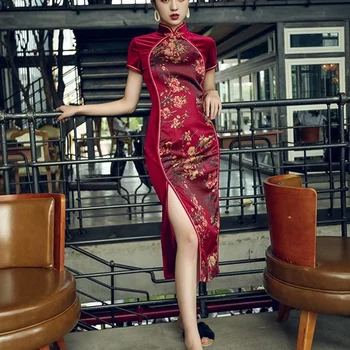 Платье в китайском стиле Cheongsam Qipao Бархатное лоскутное платье с разрезом Миди Элегантные китайские платья Винно-сексуальное Восточное платье FF1751