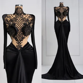 Скромные черные платья для выпускного вечера с бисером, Атласный кружевной шлейф с высокой горловиной, Сшитое на заказ вечернее платье для вечеринки, плюс размер, формальный