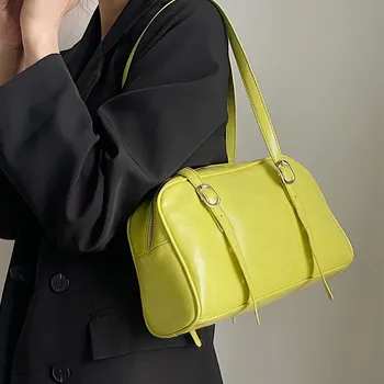 Модные женские сумки через плечо из искусственной зеленой кожи простого дизайна, однотонные женские сумки-тоут, винтажная Черная женская сумка подмышками