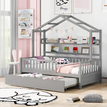 Деревянная двуспальная кровать для дома с выдвижным ящиком, детская кровать с полкой, серый
