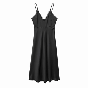 Черное атласное платье Женское Лето 2023, Новая мода, Кружевное Лоскутное платье на бретельках, повседневные платья современной Леди