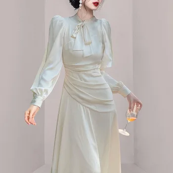 Весеннее женское Новое Стильное Тонкое Ароматное Белое платье с высокой талией, с длинным рукавом-фонариком, Однотонное платье с бантом на шнуровке.