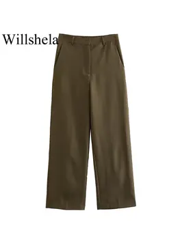 Willshela Женские Модные Коричневые Однотонные брюки на молнии Спереди Винтажные женские Шикарные прямые брюки с высокой талией во всю длину