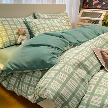 Комплекты постельного белья Японский простой однотонный плед из 100% выстиранного хлопка, комплект из четырех предметов, Стеганое одеяло, комплект постельного белья класса люкс, покрывало, постельное белье