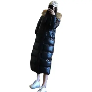 Длинное пальто с хлопчатобумажной подкладкой, Глянцевая Хлопчатобумажная куртка без стирки, Женская Зимняя Тонкая Хлопчатобумажная куртка с капюшоном длиной до колен