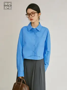 ZIQIAO Голубая французская рубашка из чистого хлопка для женщин, дизайнерский стиль, Нишевая весенняя новинка, топ в западном стиле с длинными рукавами, свободная женская рубашка