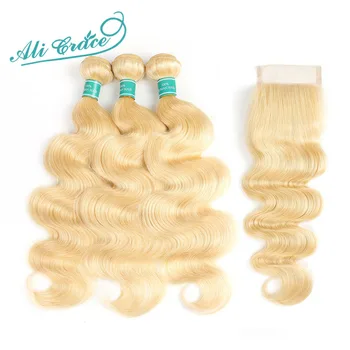 Ali Grace Hair Blonde Объемная Волна 3 Пучка С Закрытием 100% Remy Человеческие Волосы Объемная Волна Волосы С Закрытием 613 Полный Блонд