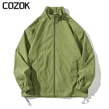 Японская уличная куртка для мужчин 2023, однотонная свободная куртка-бомбер с воротником-стойкой, унисекс, ветровка в стиле харадзюку, уличная одежда
